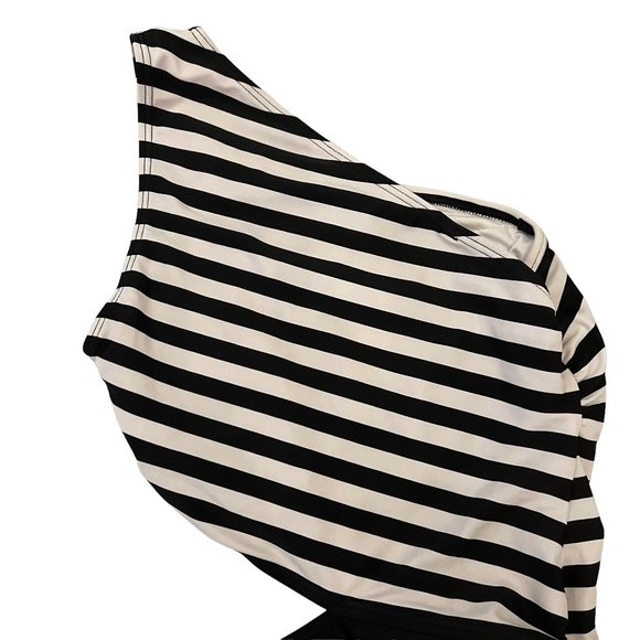 Michael Kors Black & White Stripe One-Shoulder Cut-Out One-Piece Swimsui… - Picture 9 of 12